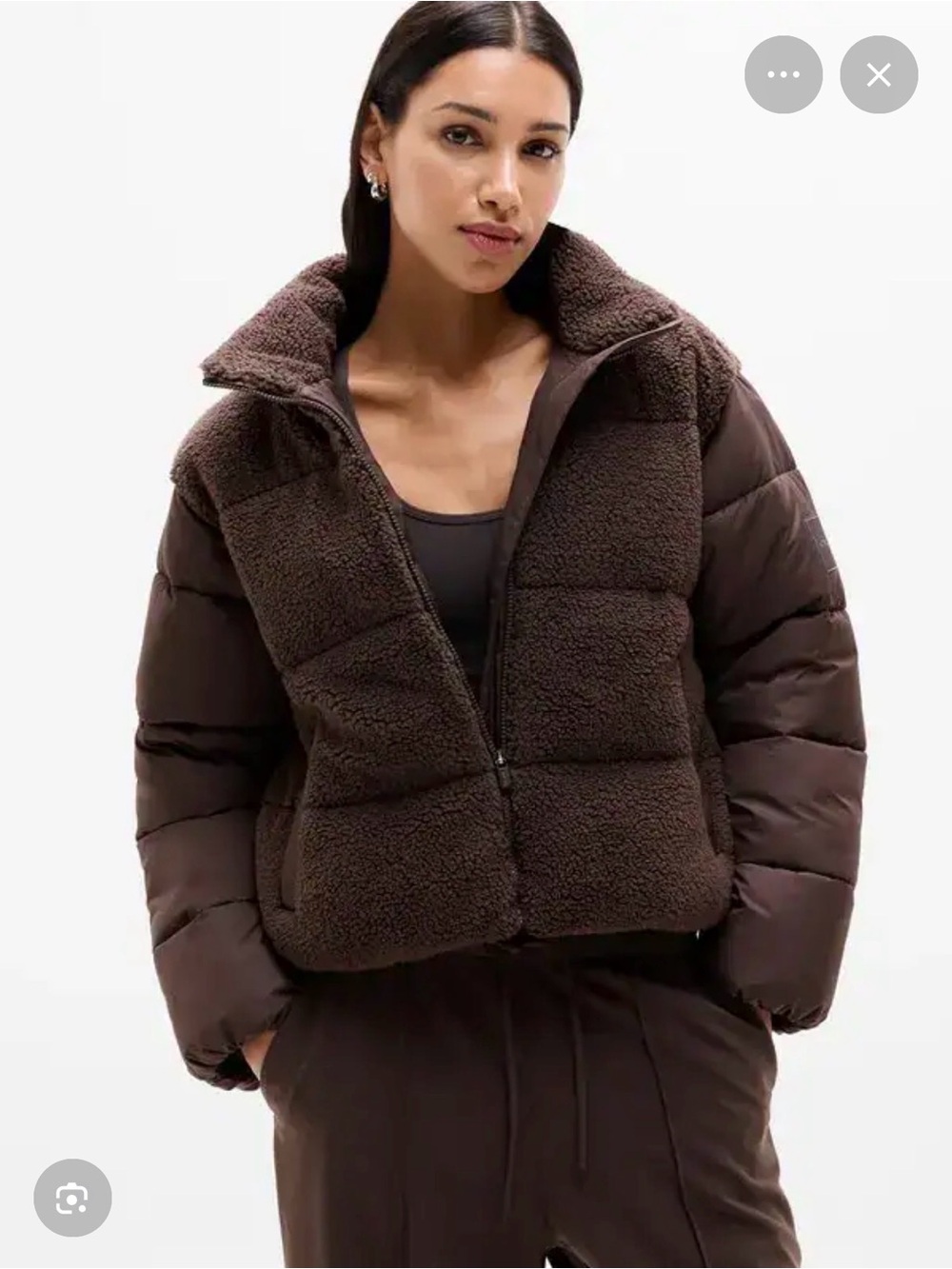 Athleta Halo Hybrid Puffer Jacket XS Truffle Brown Teddy Sherpa NWOT